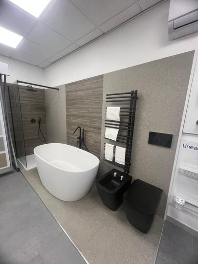 Un bagno con vasca, WC e doccia.