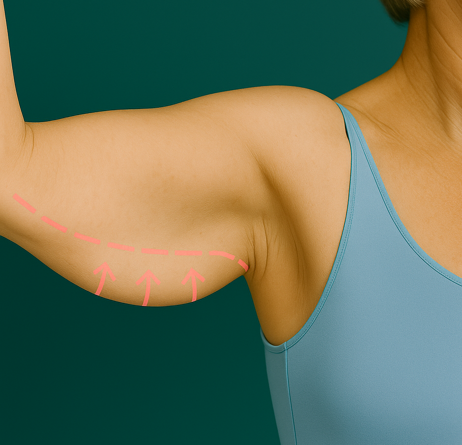 Arm of a person with dotted lines and arrows indicating potential arm lift procedure.