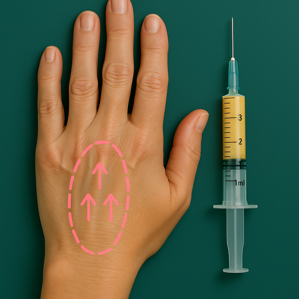 Hand with highlighted veins, syringe filled with yellow liquid, and green background.