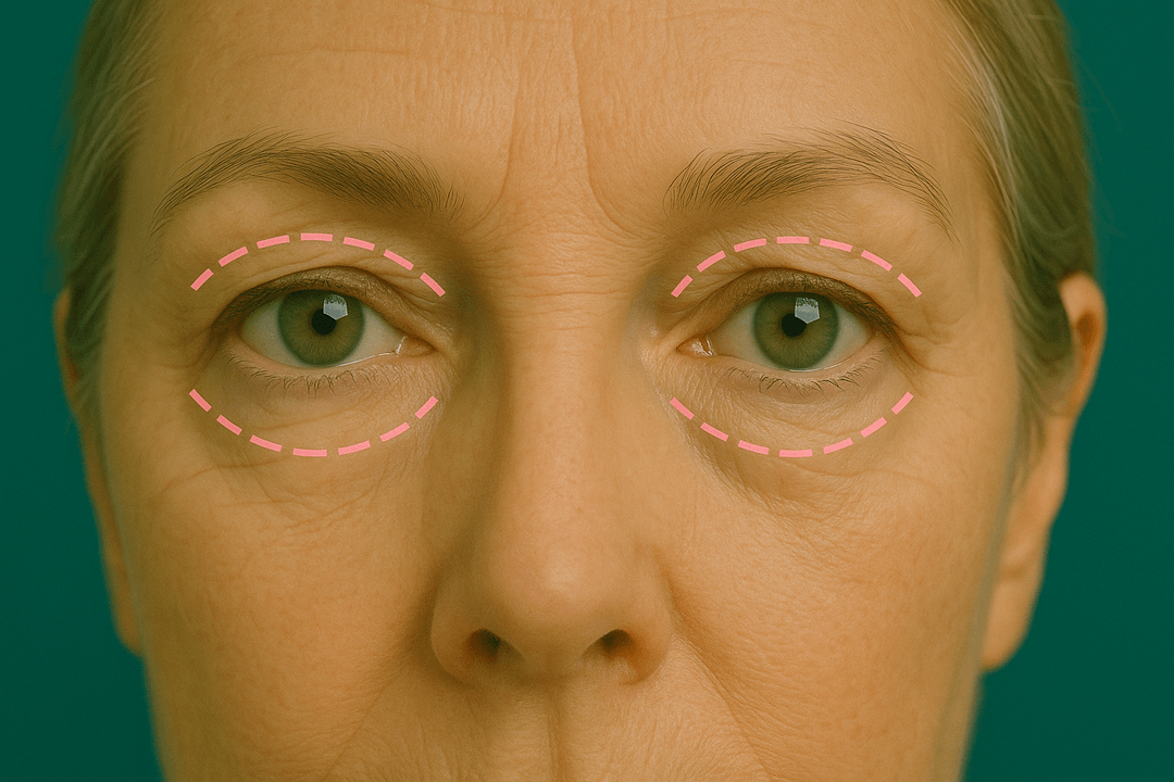 Woman's face with dotted lines around her eyes, indicating a cosmetic procedure or surgery.