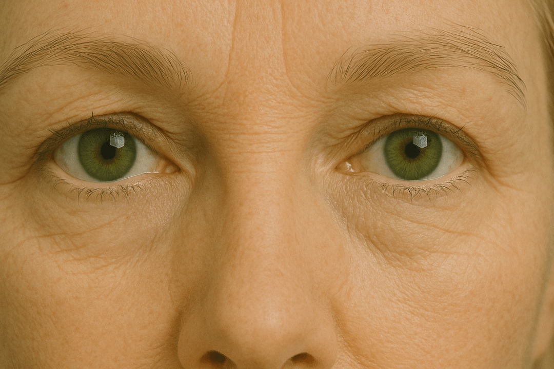 Close-up of a person's eyes, light green irises, fine lines around eyes, fair skin.