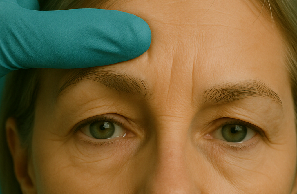 Close-up of a person's forehead with wrinkles, being examined by a gloved hand.