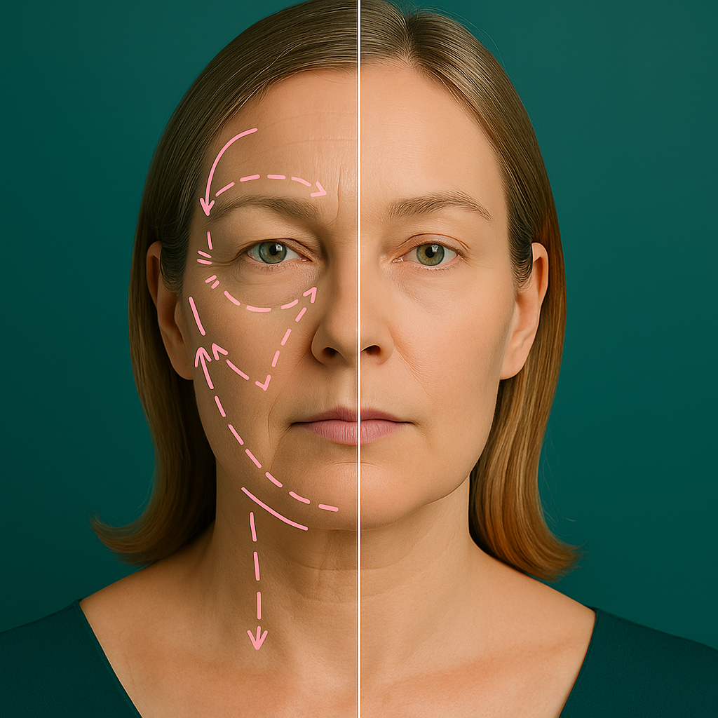 Woman's face divided; left side with wrinkles and arrows, right side smoother. Dark teal background.