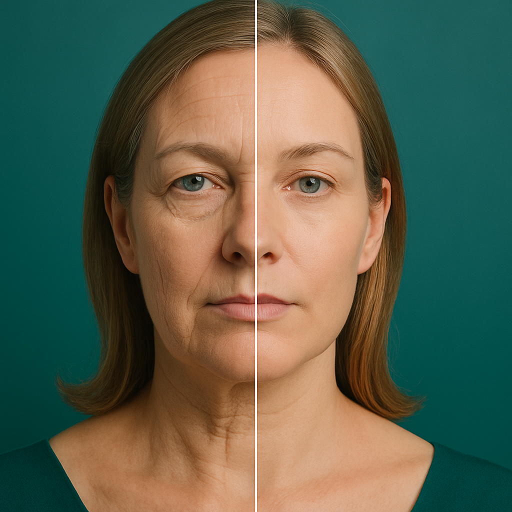 Comparison of woman's face, left side showing wrinkles and aged appearance, right side smooth and youthful.