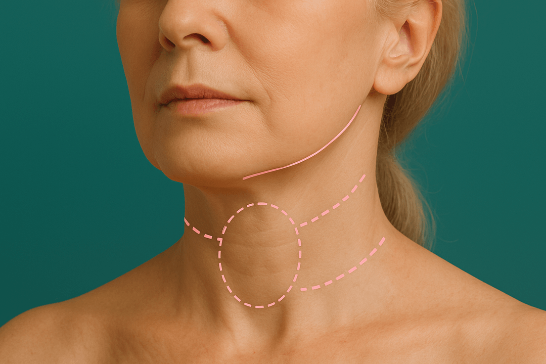 Neck of a person with dotted lines indicating planned surgery.