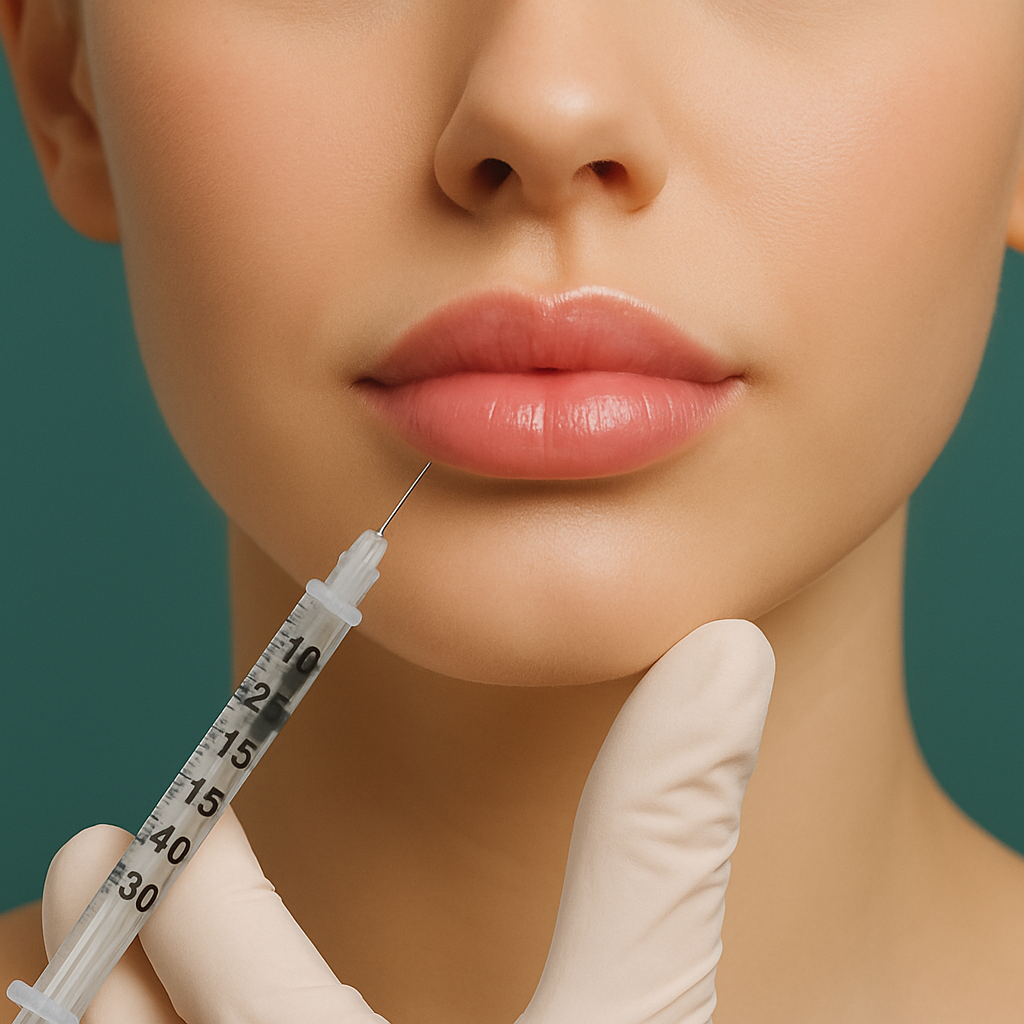 Close-up of lips with a syringe injecting filler. The lips are full, and the background is teal.