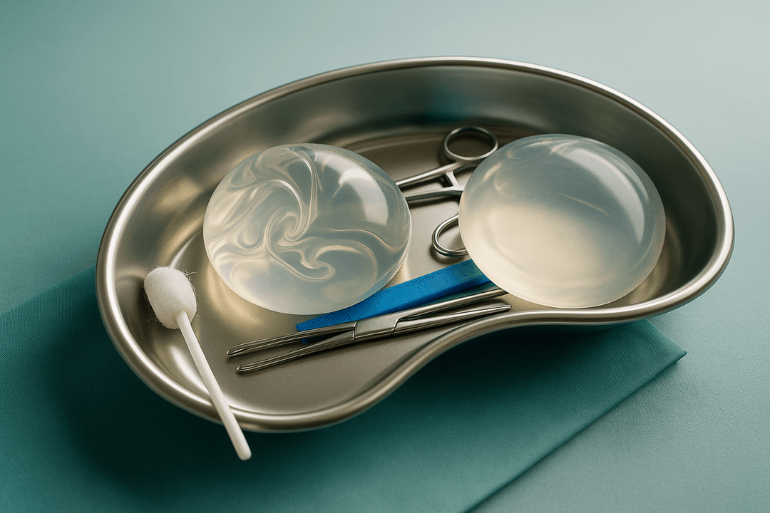 Breast implants in a surgical tray with instruments.
