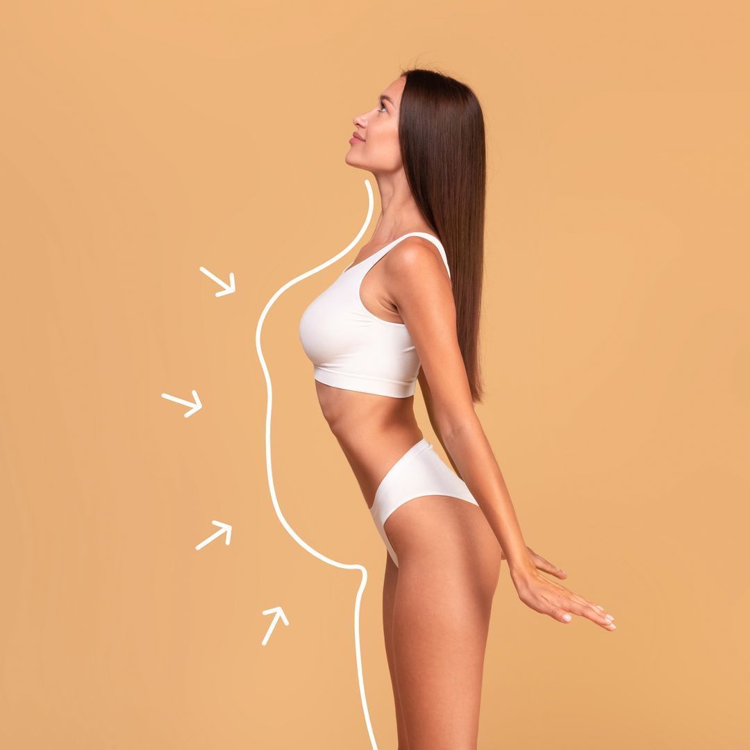 Woman in white lingerie with contour arrows, side view, tan background.