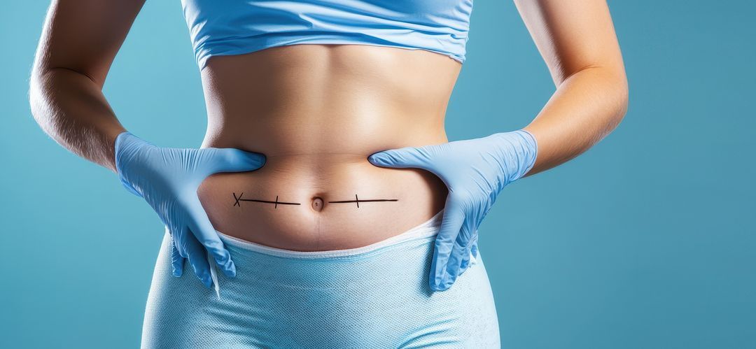 Woman's abdomen with surgical markings and gloved hands, blue top and pants, teal background.