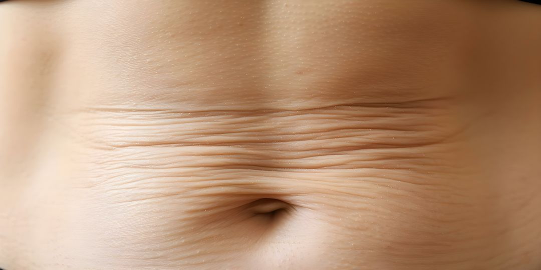 Close-up of a person's abdomen with skin creases. Belly button is visible.