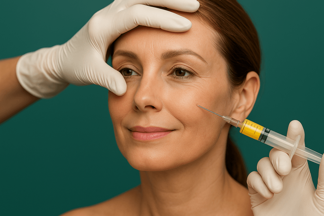 Woman receiving facial injection with needle, hands in gloves.