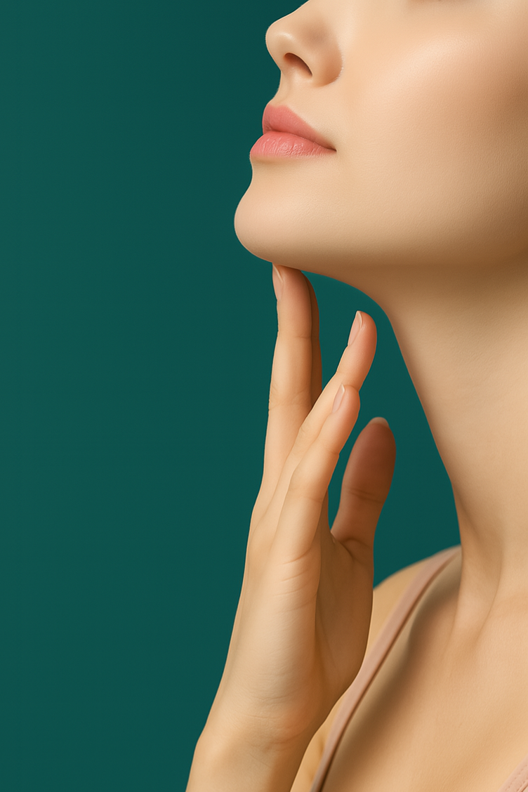 Woman's profile with hand gently touching chin and neck against a teal background.