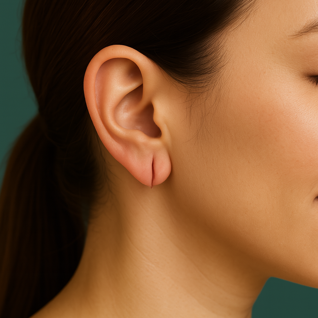 Close-up of a person's ear with a minimalist earring. Skin-toned ear and face with closed eyes, teal background.