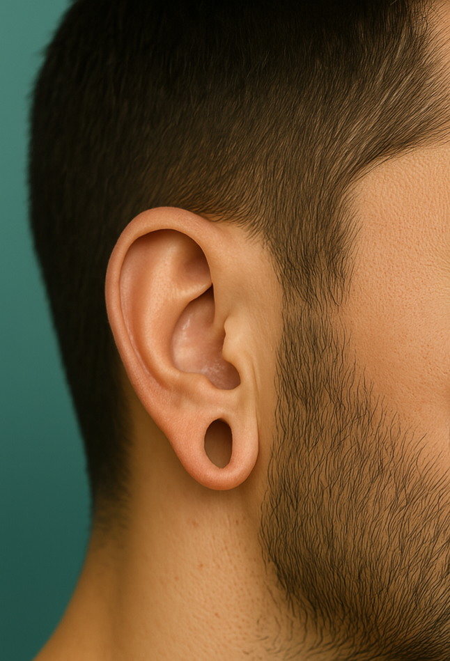 Ear with large, stretched earlobe piercing; close-up on head and neck.