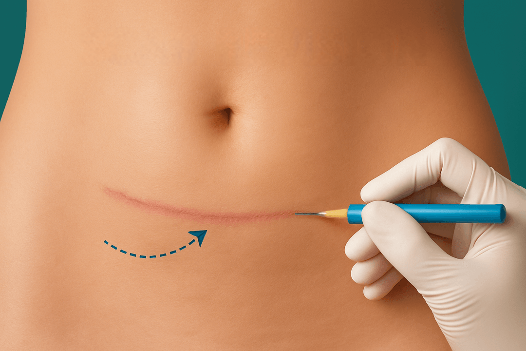 Abdomen with a surgical scar. A gloved hand holds a scalpel, drawing a line over the scar; dotted arrow indicates action.
