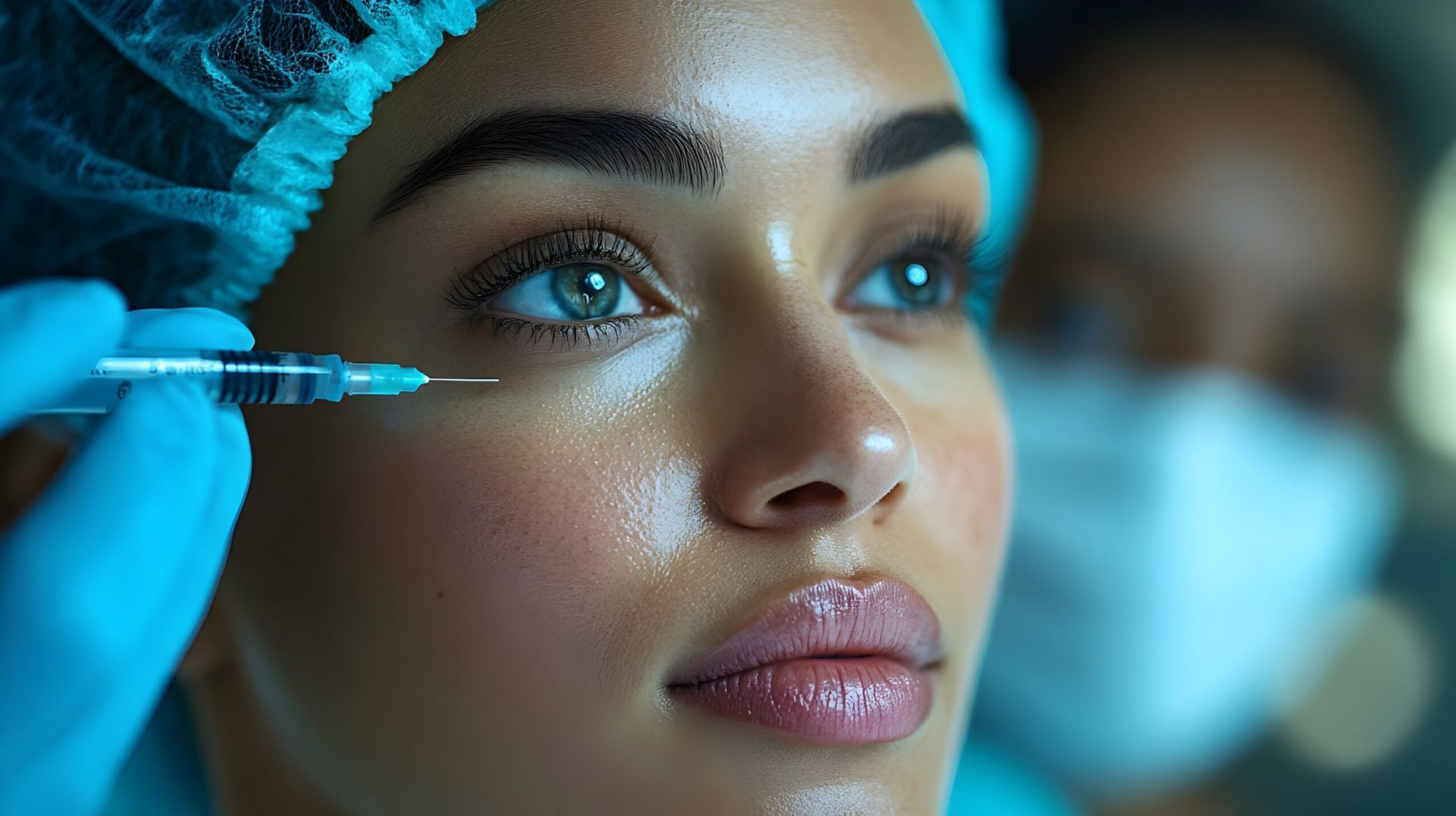 Person receiving an injection near their eye during a cosmetic procedure.
