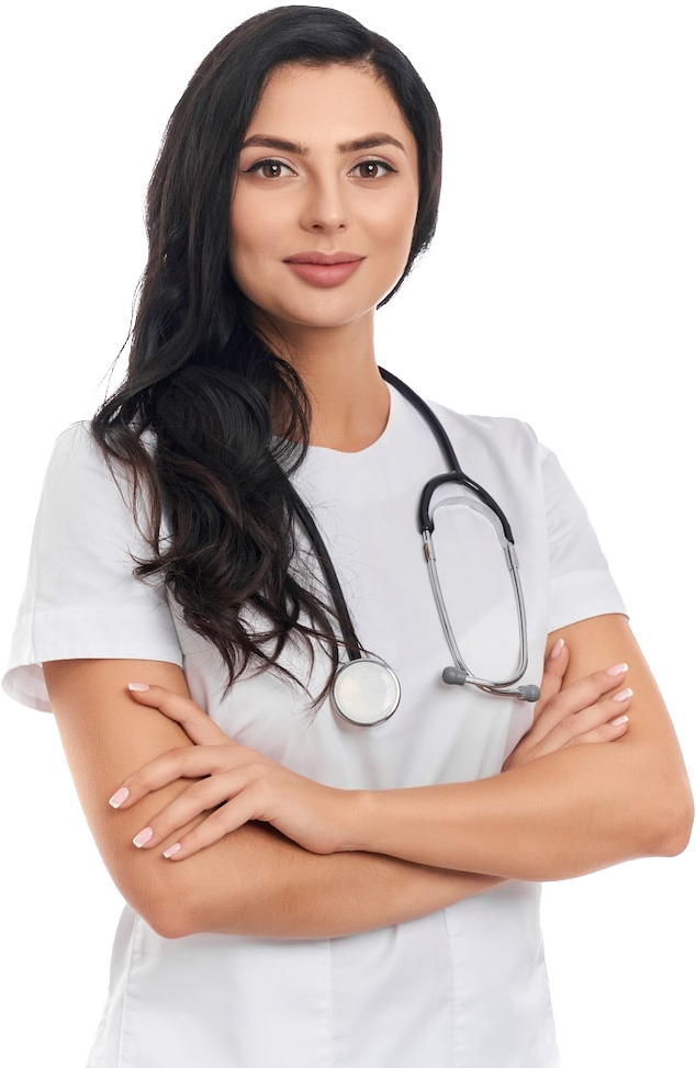 Woman in white medical uniform, stethoscope around neck, arms crossed, smiling.