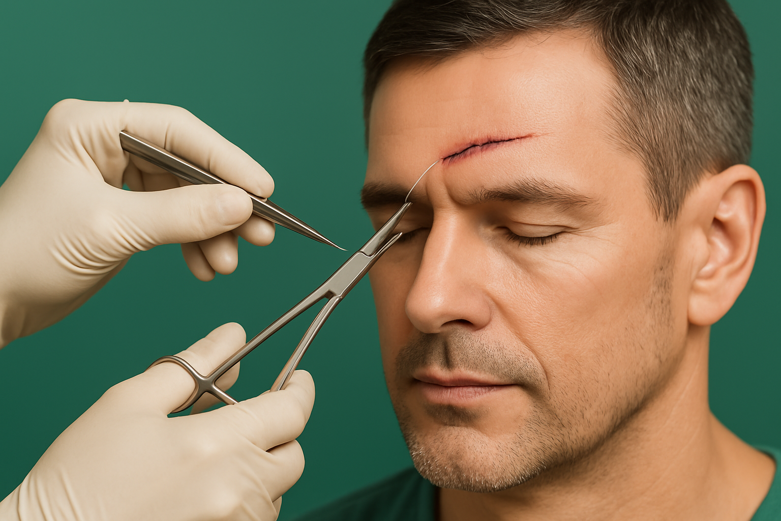 Person receiving stitches on a forehead laceration, medical tools in foreground.