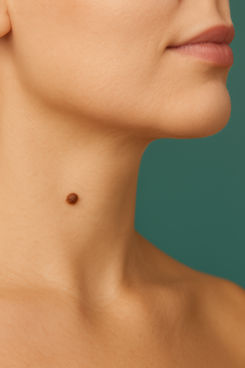 Close-up of a person's neck, with a brown mole centered on their skin. Green background.