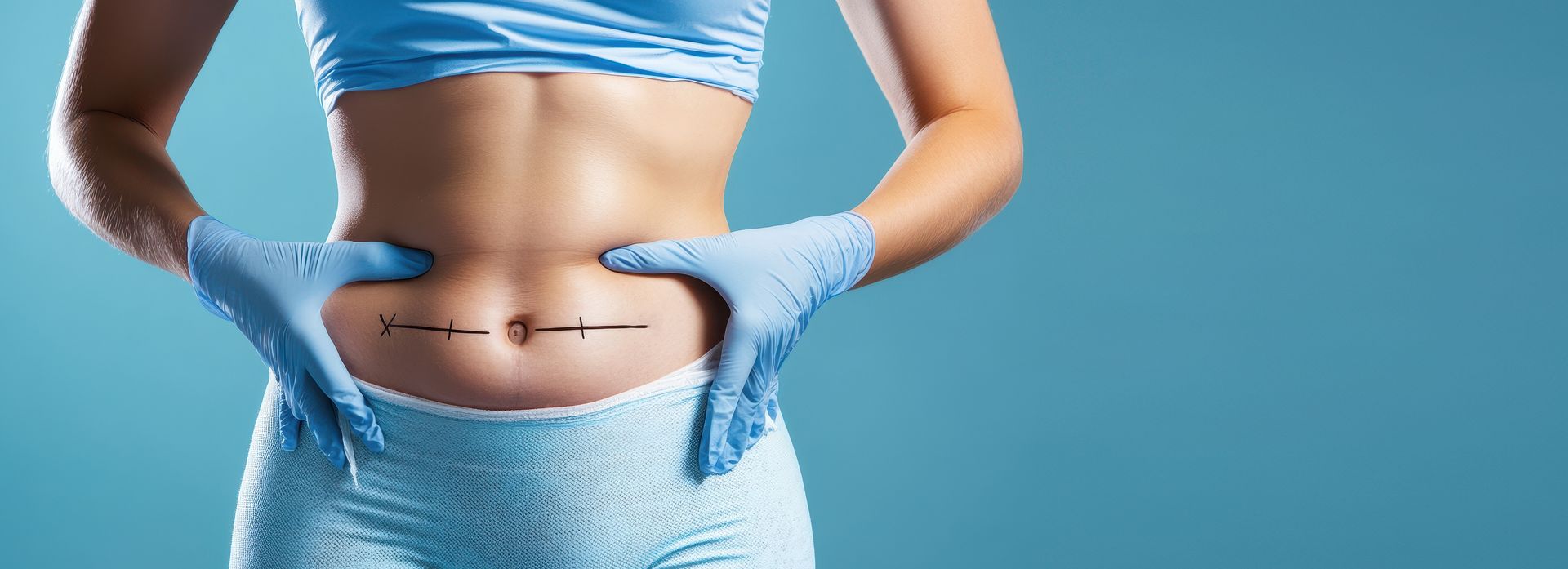 Person's torso wearing surgical scrubs with surgical markings on abdomen, and gloved hands on either side.