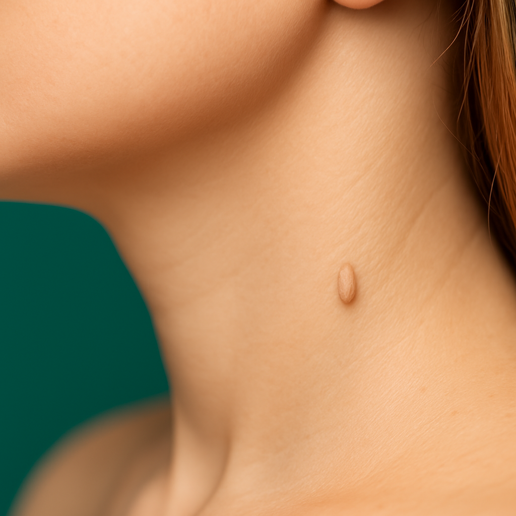 Close-up of a person's neck with a light-brown skin tag in the center. Green background.