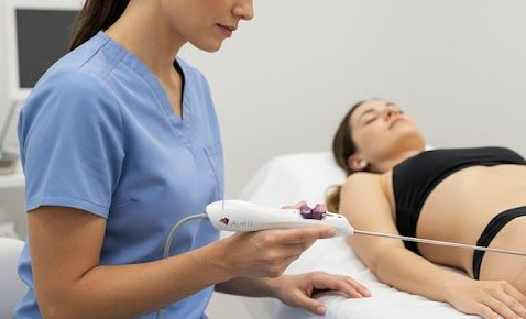 Woman in scrubs performing a procedure on a patient's abdomen with a handheld device. Clinic setting.
