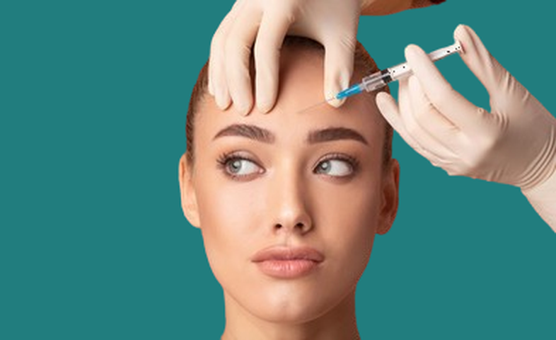Woman receiving an injection in her forehead. Medical professional wearing gloves. Teal background.