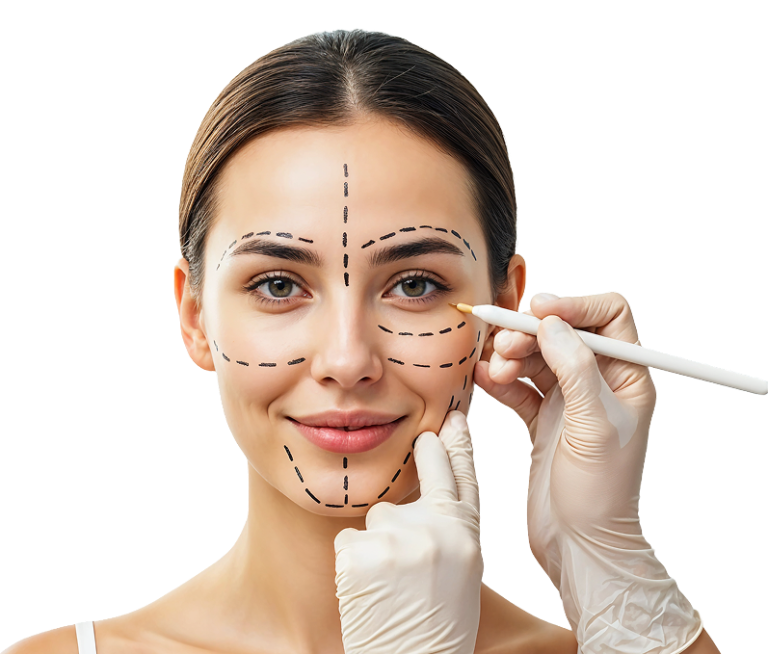 Woman's face marked with surgical lines; hand holding pen, ready for a cosmetic procedure.