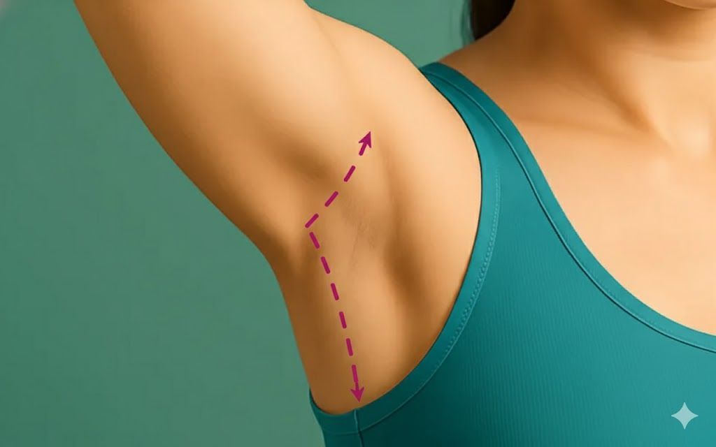 Armpit of a person in a teal top. Dotted lines indicate the area for hair removal.