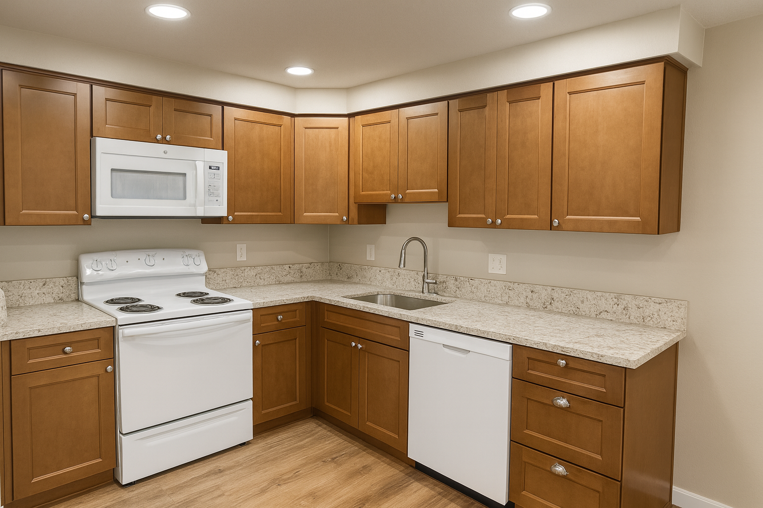 Kitchen with white appliances, light wood cabinets, and speckled countertops.