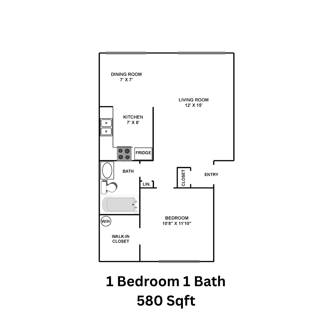 Floor plan: 1-bedroom apartment with living room, kitchen, bath, and closet. 580 square feet.