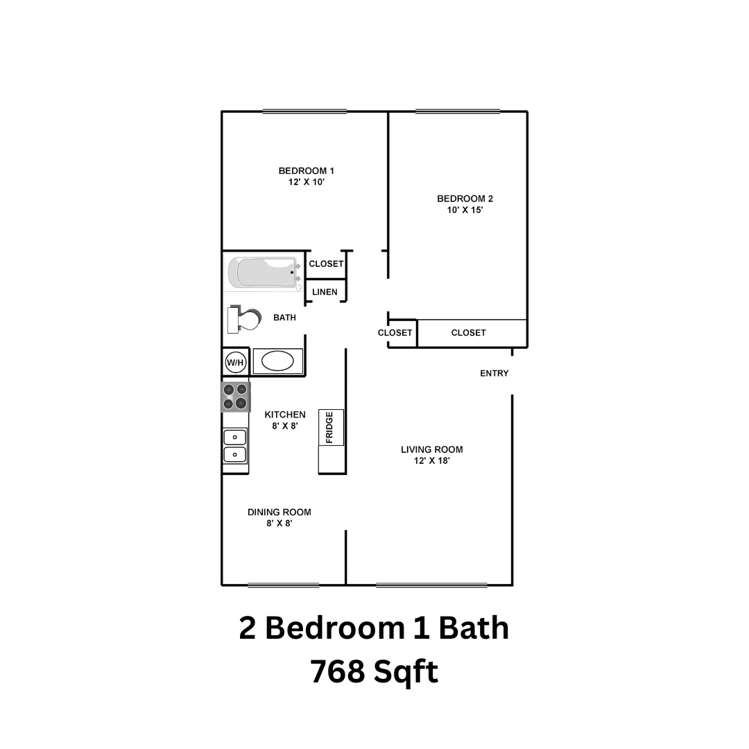 Floor plan for a 2-bedroom, 1-bath apartment, 768 sq ft, with room dimensions listed.