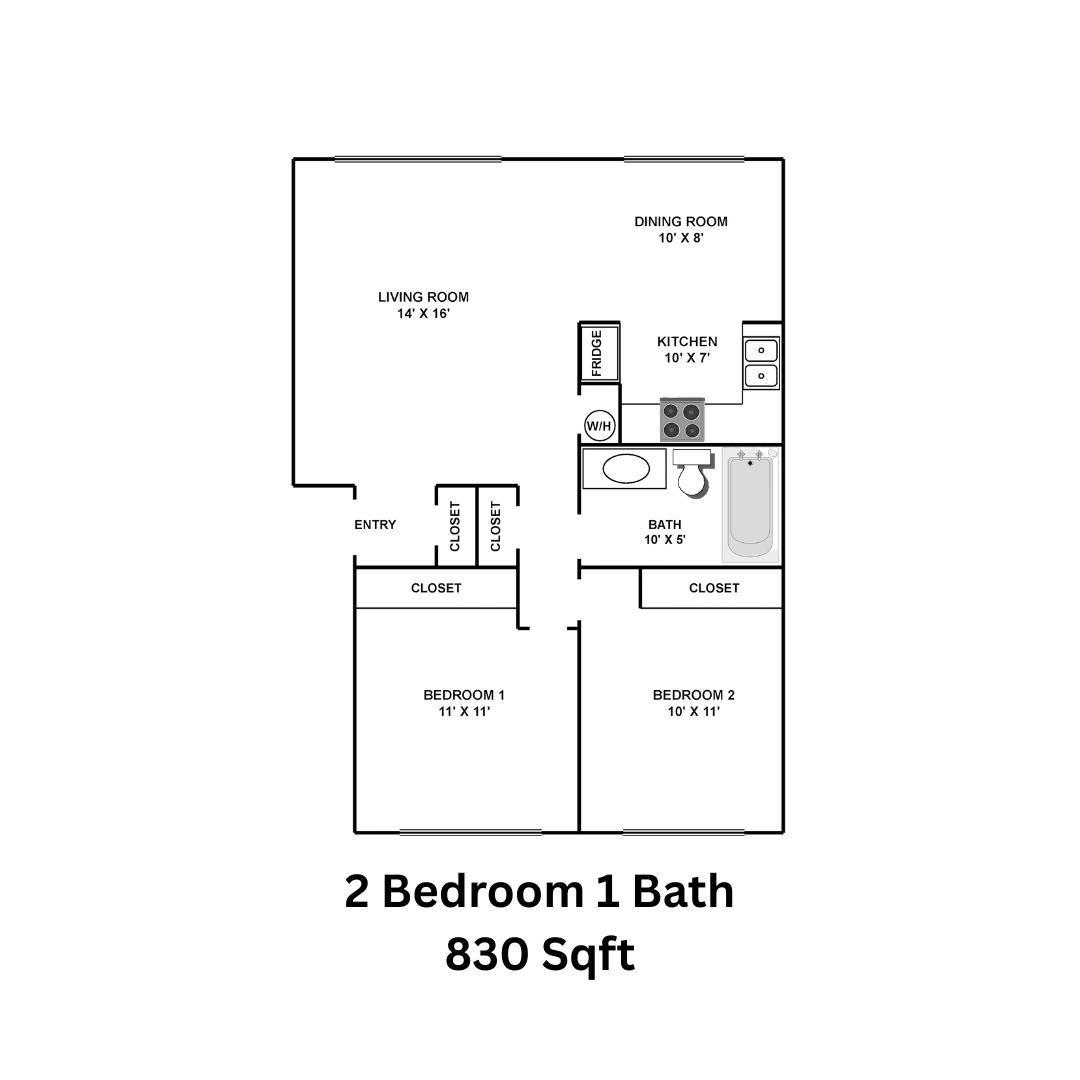 Floor plan for a 2-bedroom, 1-bath apartment; 830 sq ft.