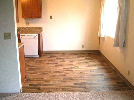 Kitchen area with wood-look flooring. Dishwasher and cabinets visible. Window with light curtains.
