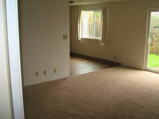 Empty room with beige carpet, sliding glass door, and window.