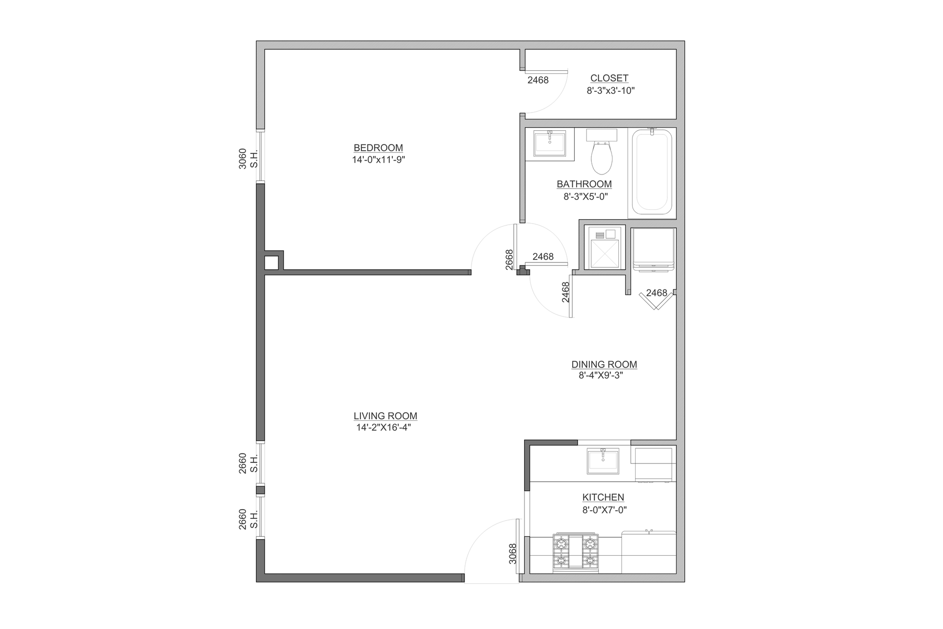 Black-and-white architectural floor plan of a small apartment with labeled rooms and bathrooms