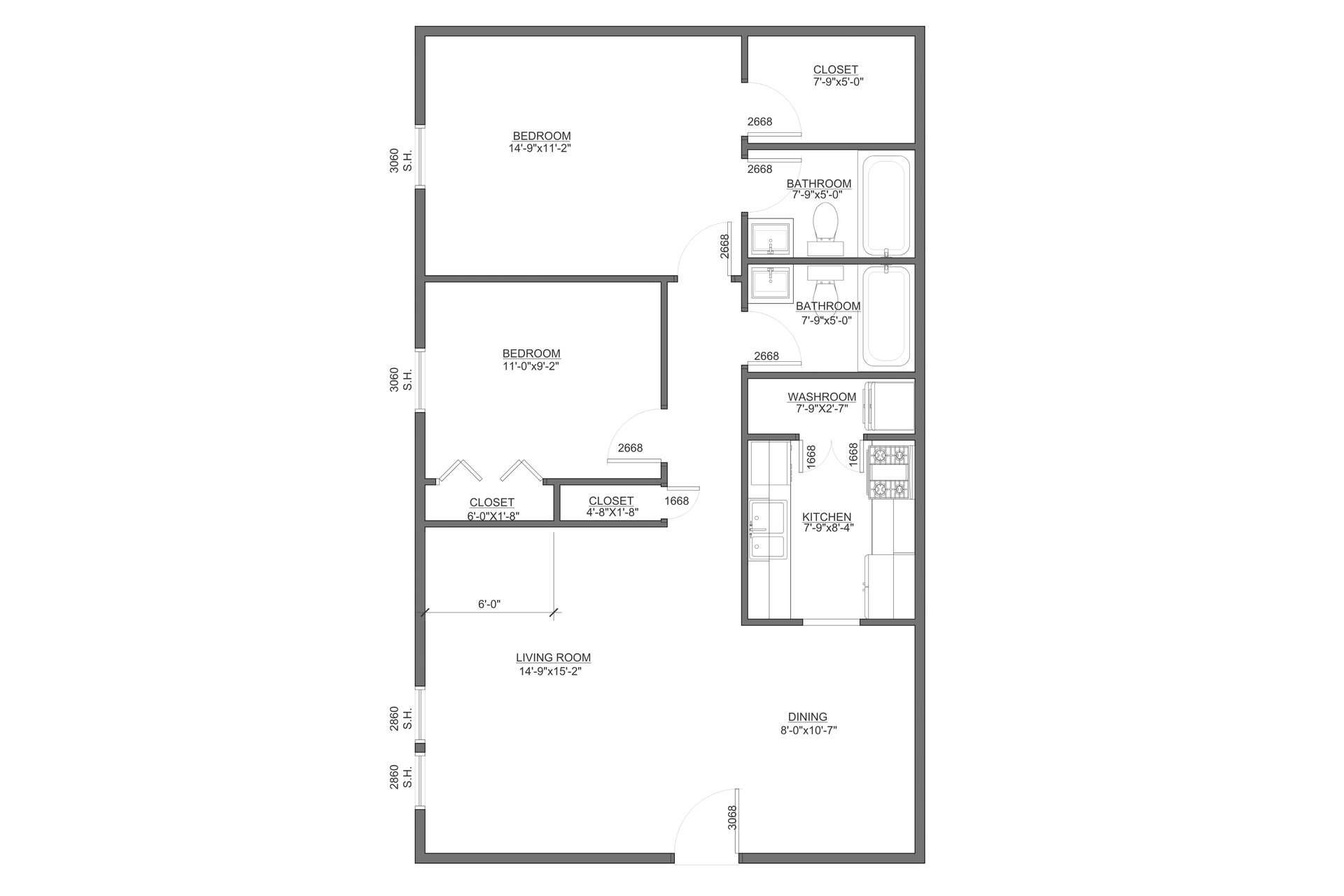 Black-and-white floor plan of a small apartment with labeled rooms and hallways.