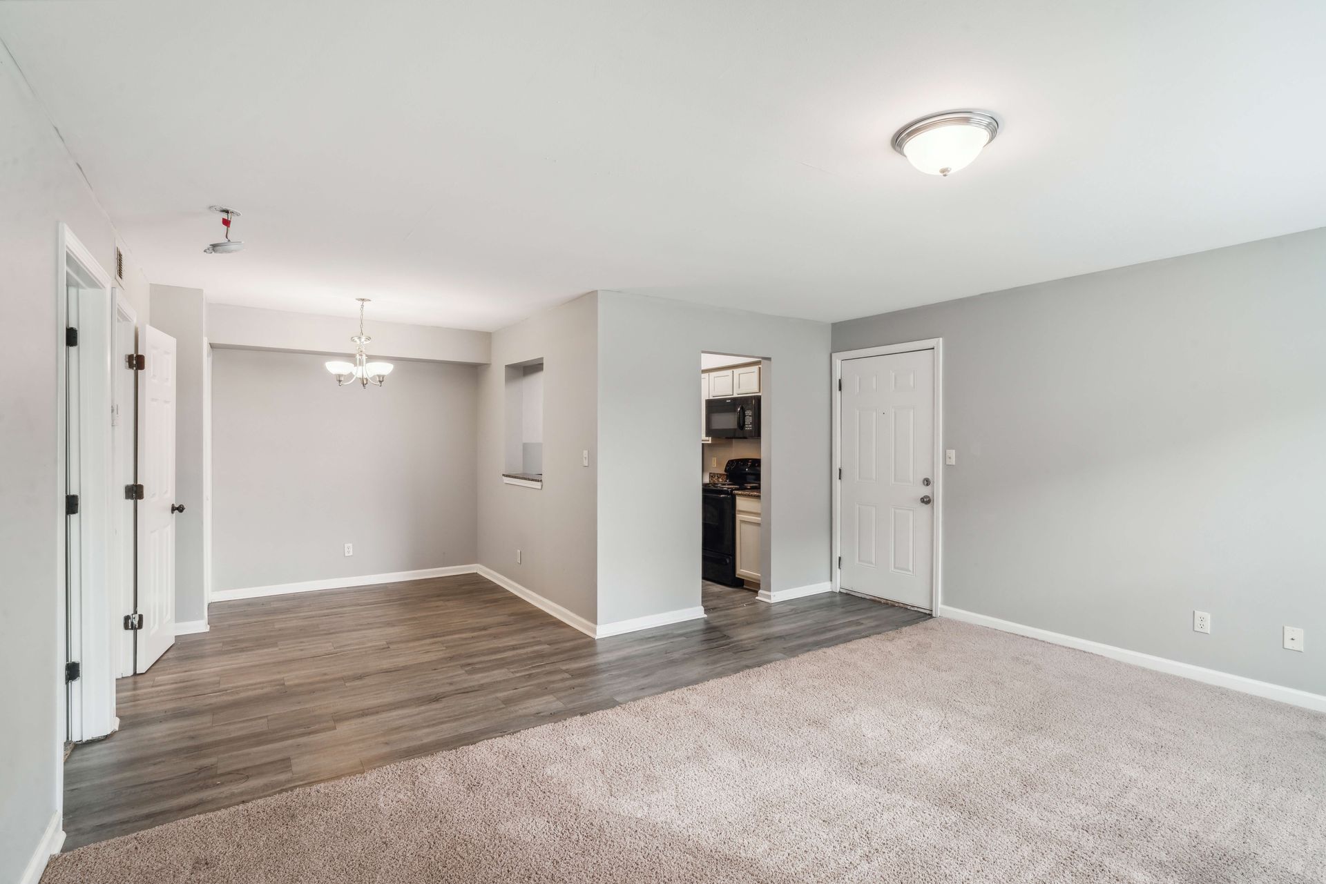 Spacious empty living room with gray walls, carpet, wood flooring, and two ceiling lights