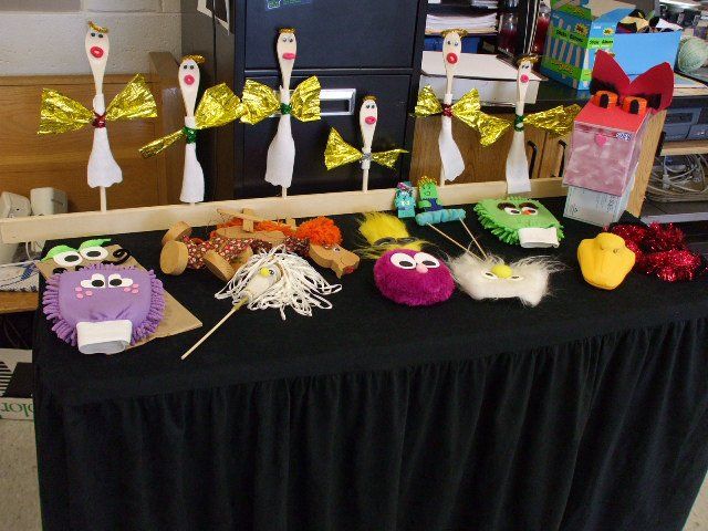 display of puppets from puppet-building workshop