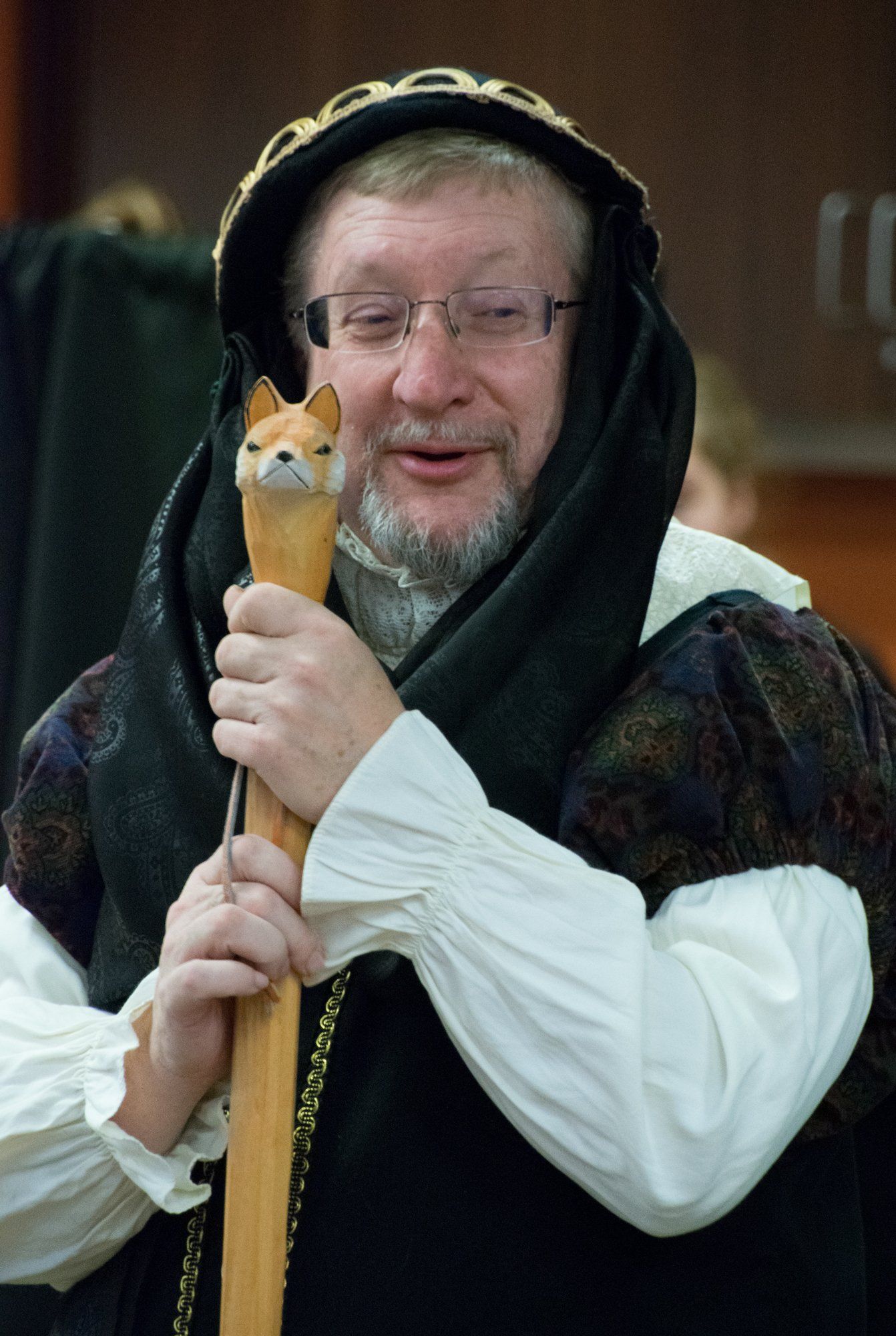 Mr. Dave in medieval costume with his foxhead staff