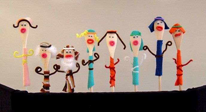 colorful spoon puppets portray Noah's family on stage