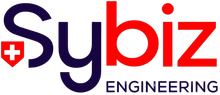 Logo de Sybiz Engineering avec texte rouge et bleu foncé et icône de bouclier