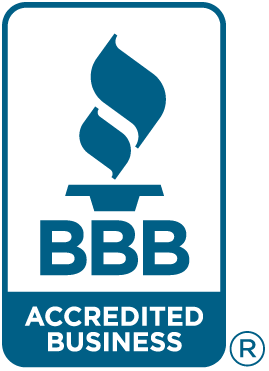 A blue and white logo for bbb accredited business