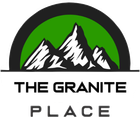 Logo for "The Granite Place" with stylized mountains in front of a green half-circle, black semi-circle above, and text below.