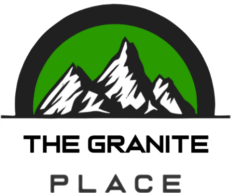 Logo for "The Granite Place" with stylized mountains in front of a green half-circle, black semi-circle above, and text below.