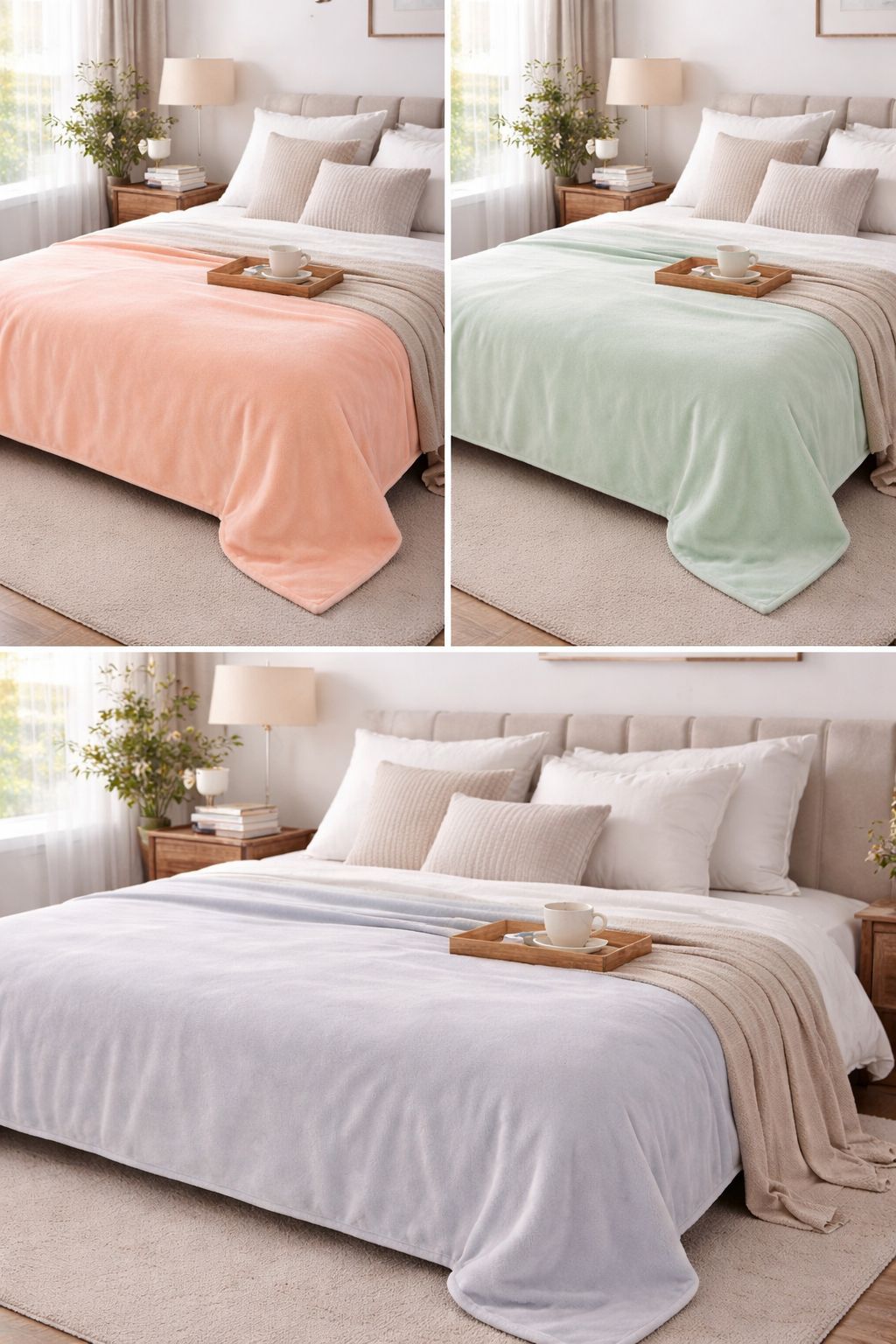 Un collage muestra tres habitaciones idénticas con mantas de felpa en color coral, verde menta y gris claro cubriendo las camas.