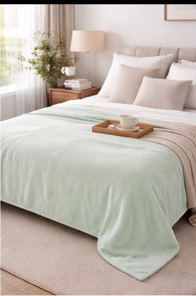 Un collage muestra tres habitaciones idénticas con mantas de felpa en color coral, verde menta y gris claro cubriendo las camas.