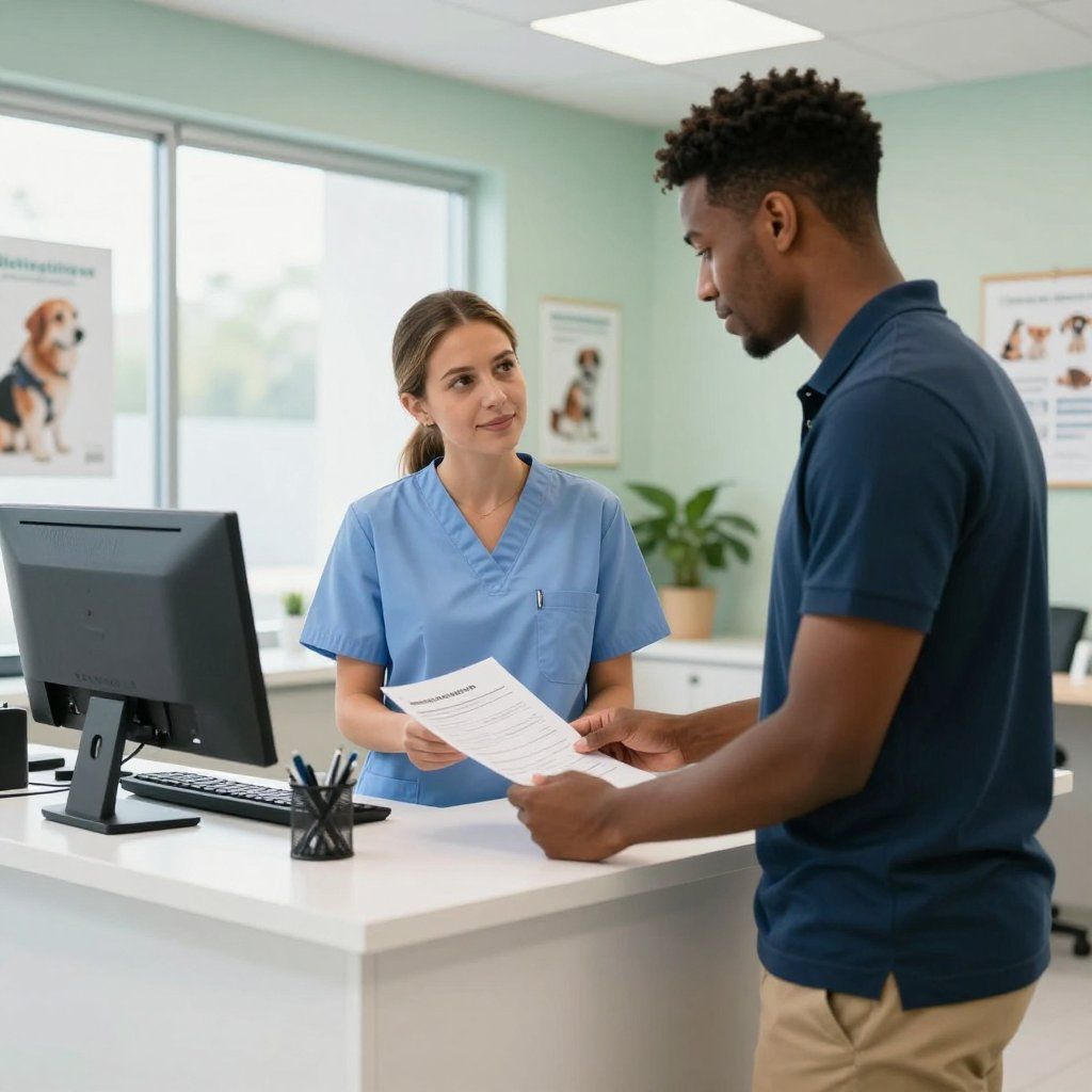 Veterinarian in blue scrubs handing paperwork to a person in a blue shirt at the reception desk.