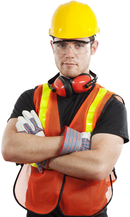 Un ouvrier du bâtiment portant un casque et un gilet de sécurité
