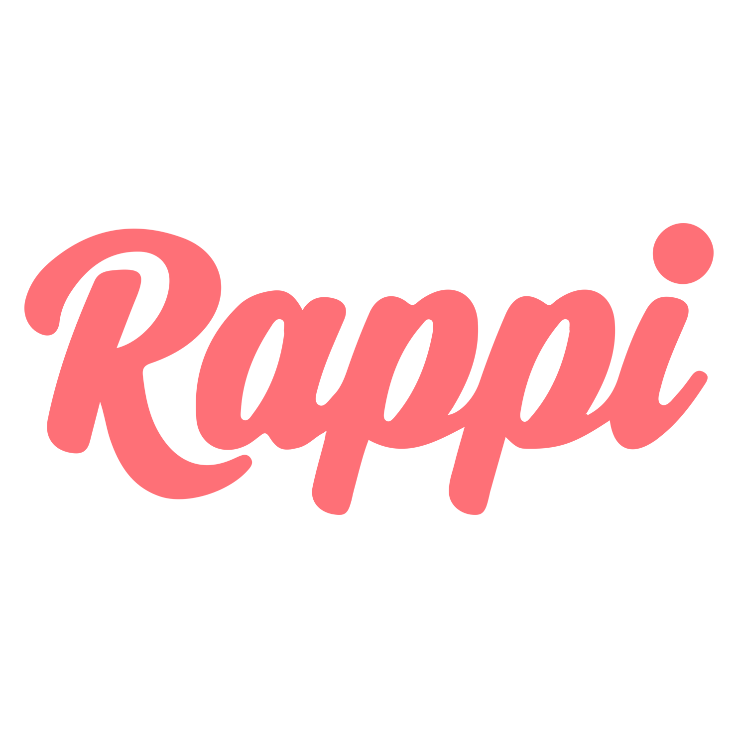 Un logotipo rosa de Rappi sobre un fondo blanco.